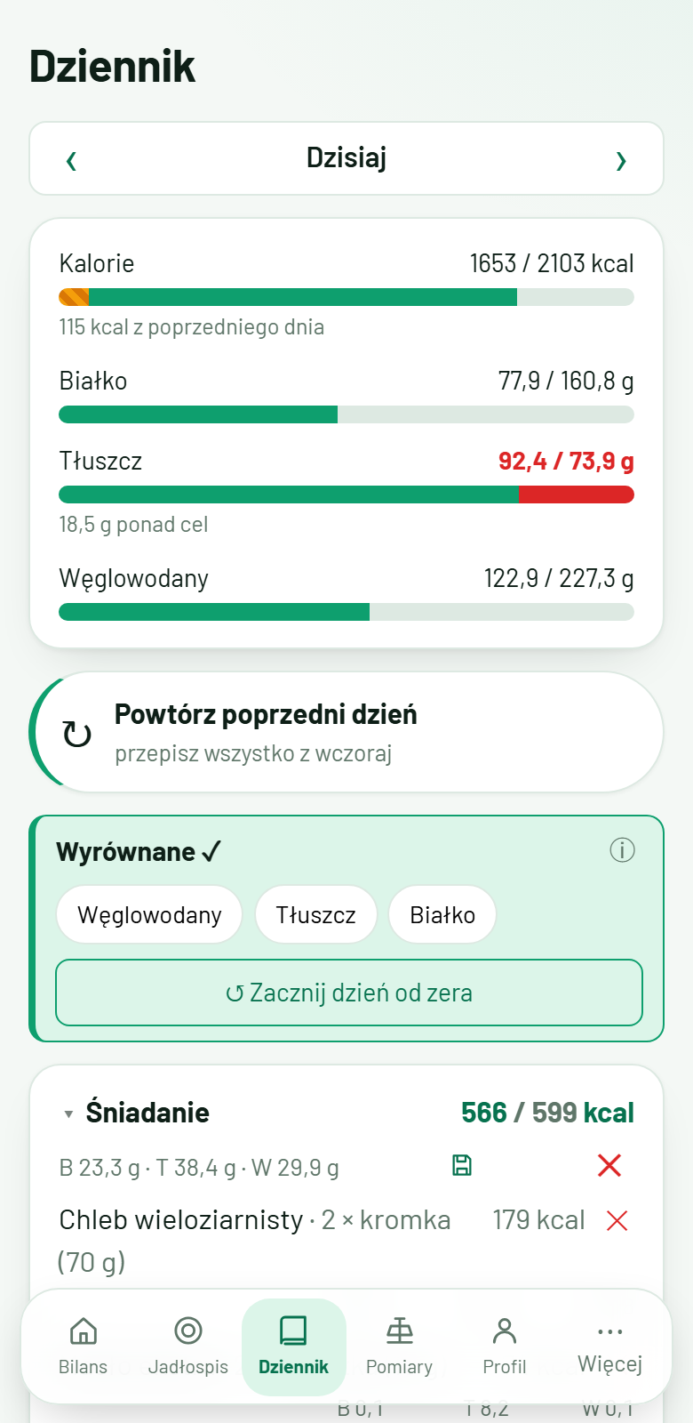 Dziennik: kalorie i makroskładniki, wyrównywanie nadwyżki