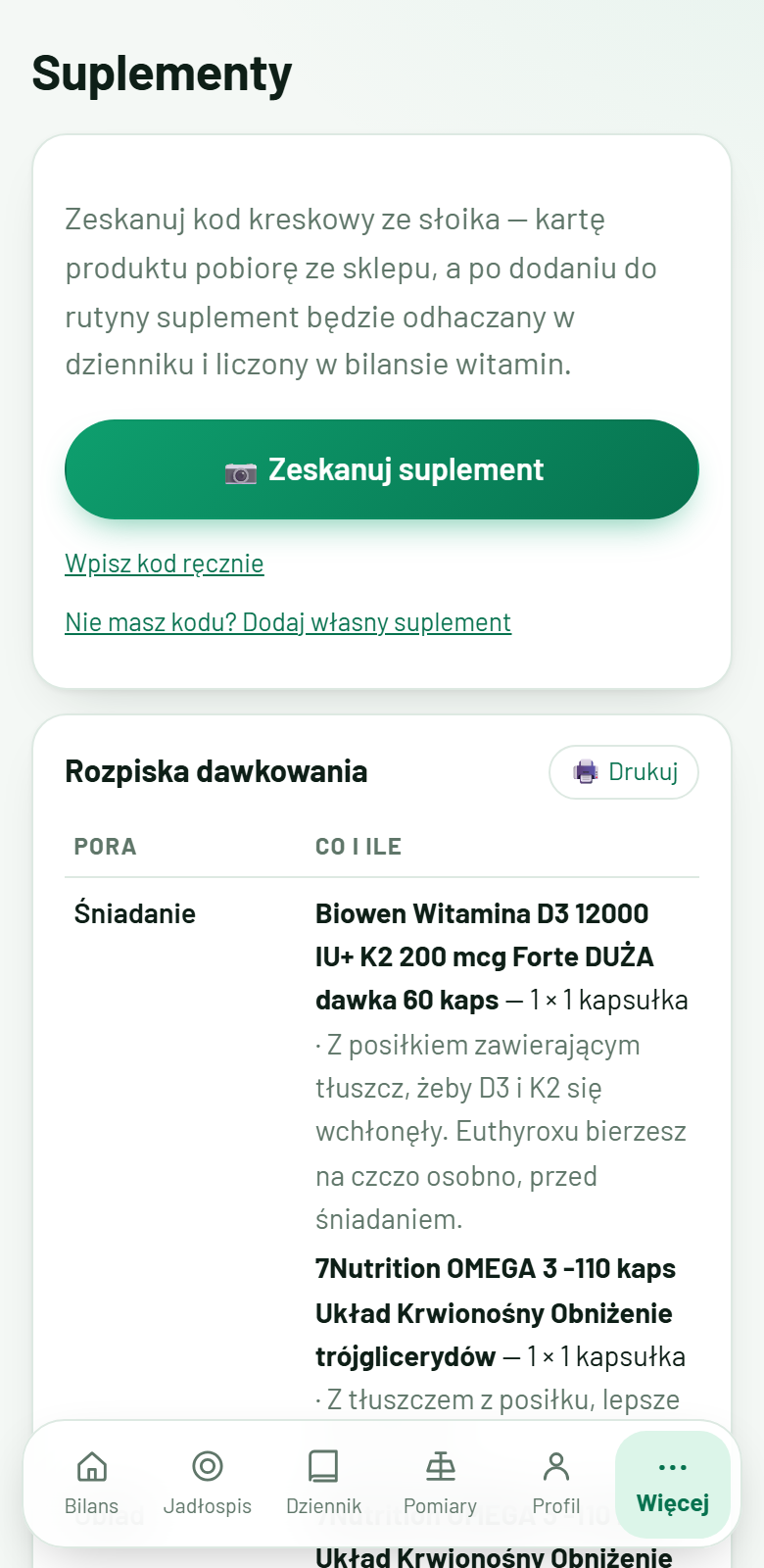 Suplementy: skaner kodów i rozpiska dawkowania